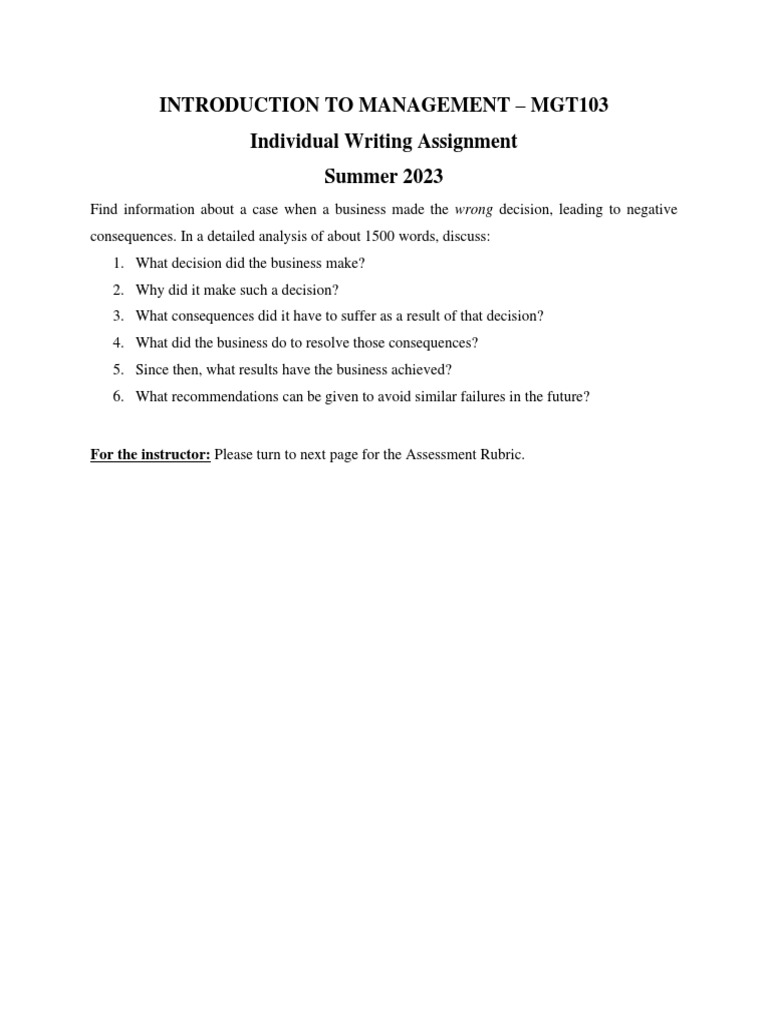 Summer 2023 Individual Assignment MGT103 | PDF | Essays | Cognitive Science