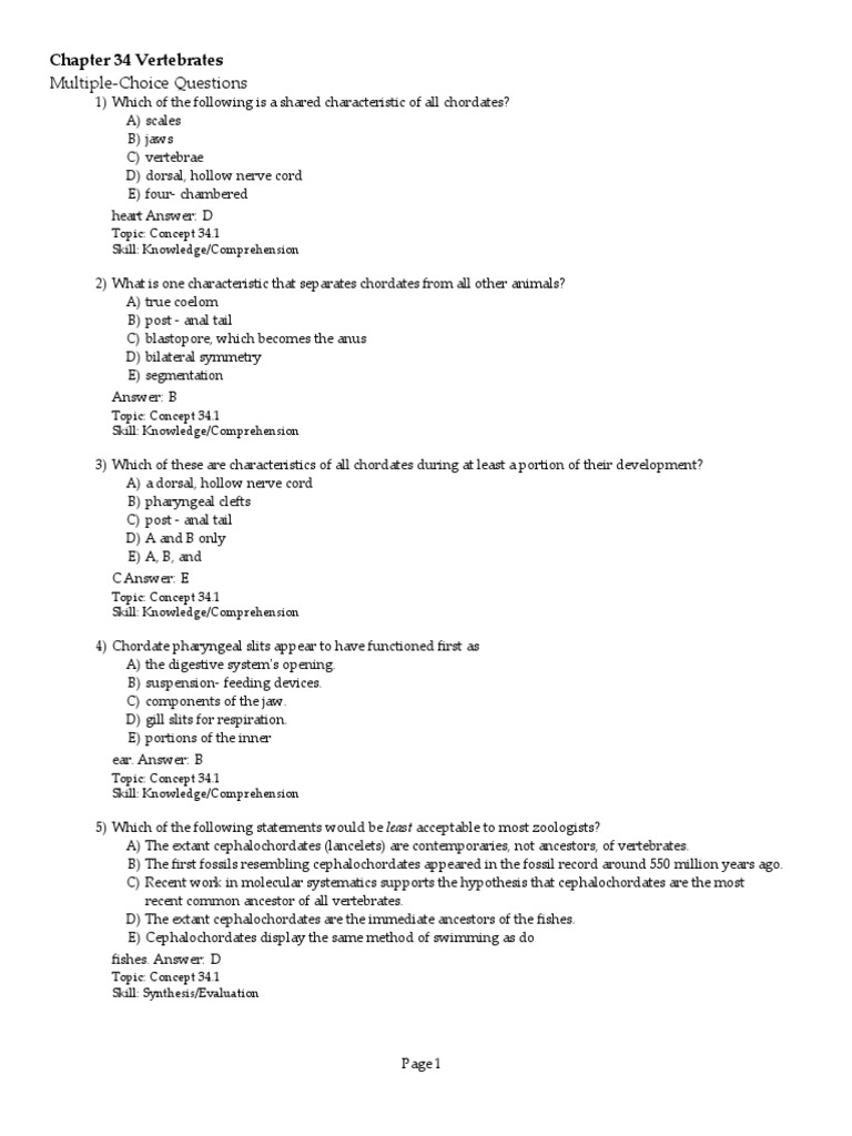 Chapter 34 Vertebrates Multiple Choice Questions | PDF | Human