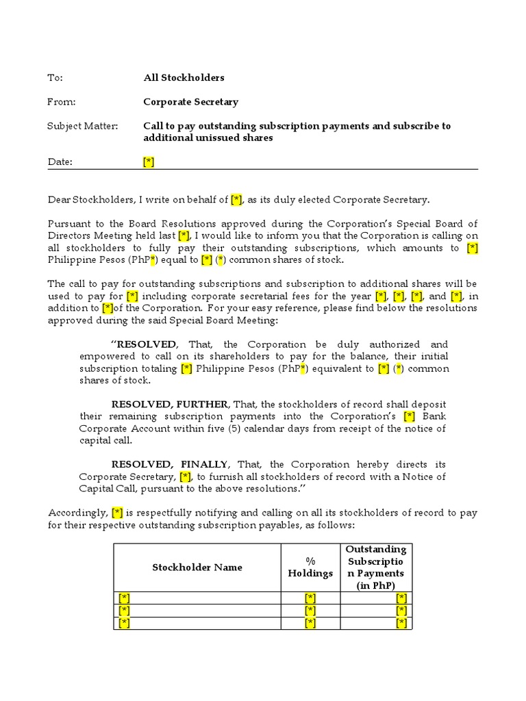 Sample Notice of Capital Call PDF