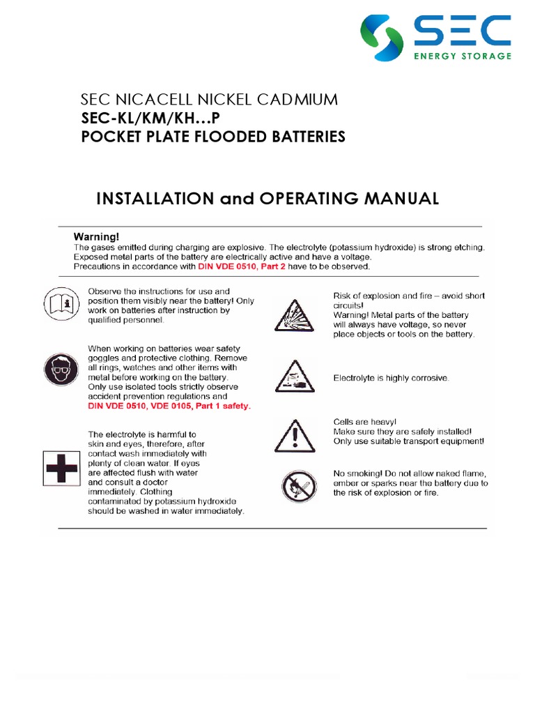 Sec Nicacell Nickel Cadmium Flooded Series Installation and Operating