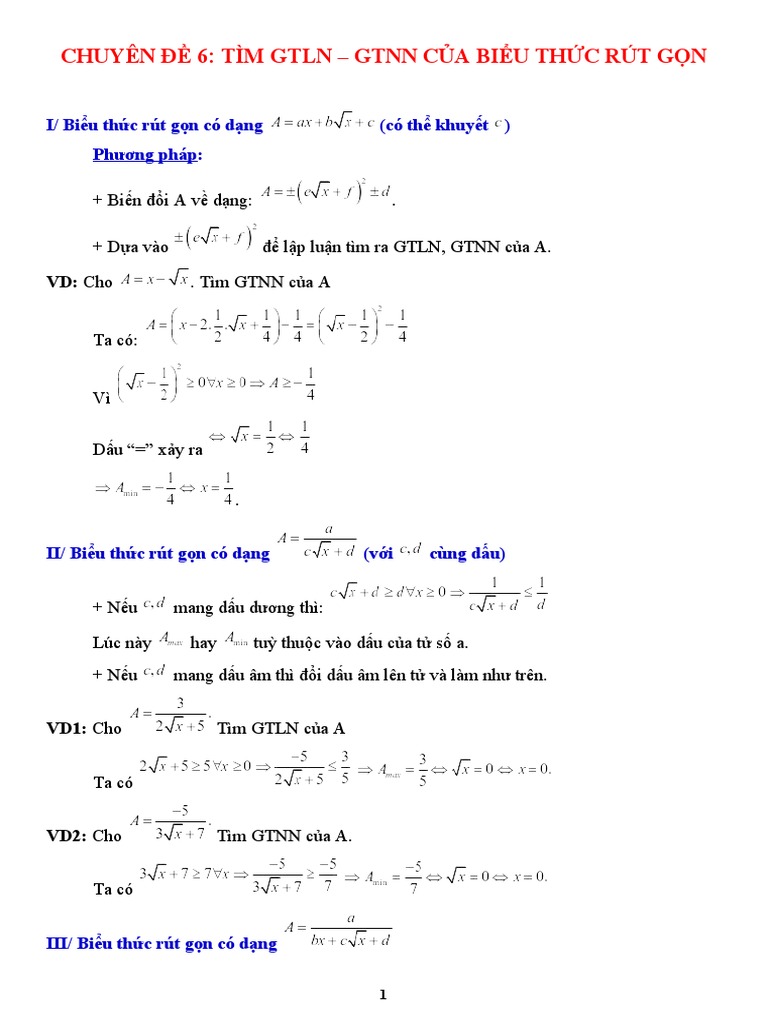 Chủ Đề 6- Tìm Gtln - Gtnn Của Biểu Thức Rút Gọn.1 | PDF