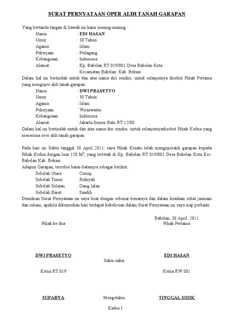 Contoh Surat Perjanjian Jual Beli Tanah Garapan Nusagates