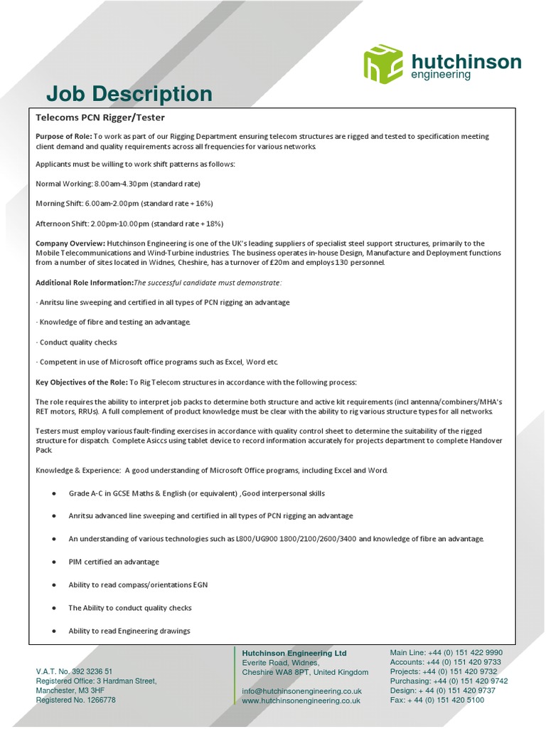 Telecoms Rigger/Tester Role | PDF | Telecommunications | Computing