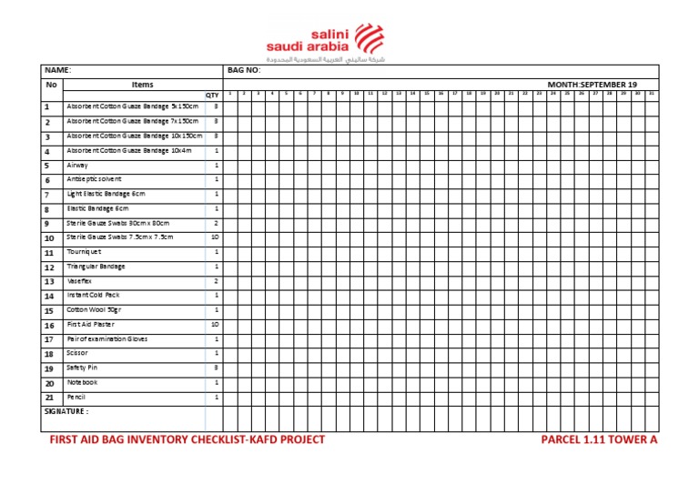First Aid Bag Inventory Checklist | PDF
