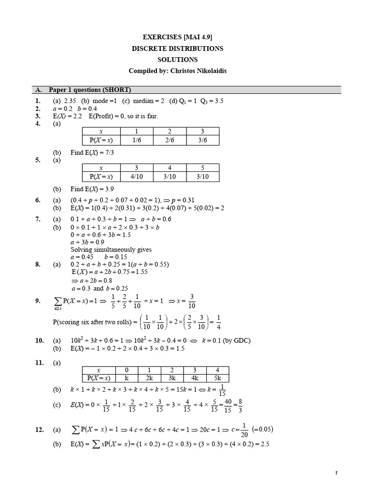 Discrete Random Variables Exercises | PDF | Mathematics | Statistical ...