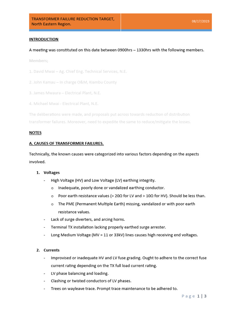 TX Failures Reduction Target PDF Transformer Fuse (Electrical)