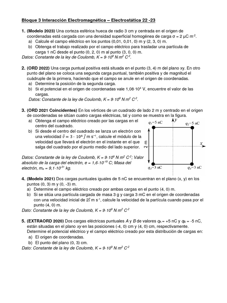 B3.Inter Electrom - Electrostatica 22-23.enunciados | PDF | Campo ...