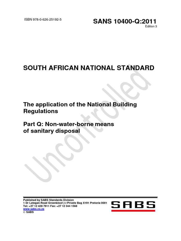SANS10400Q NBR Sanitary Disposal PDF Sewage Treatment Toilet