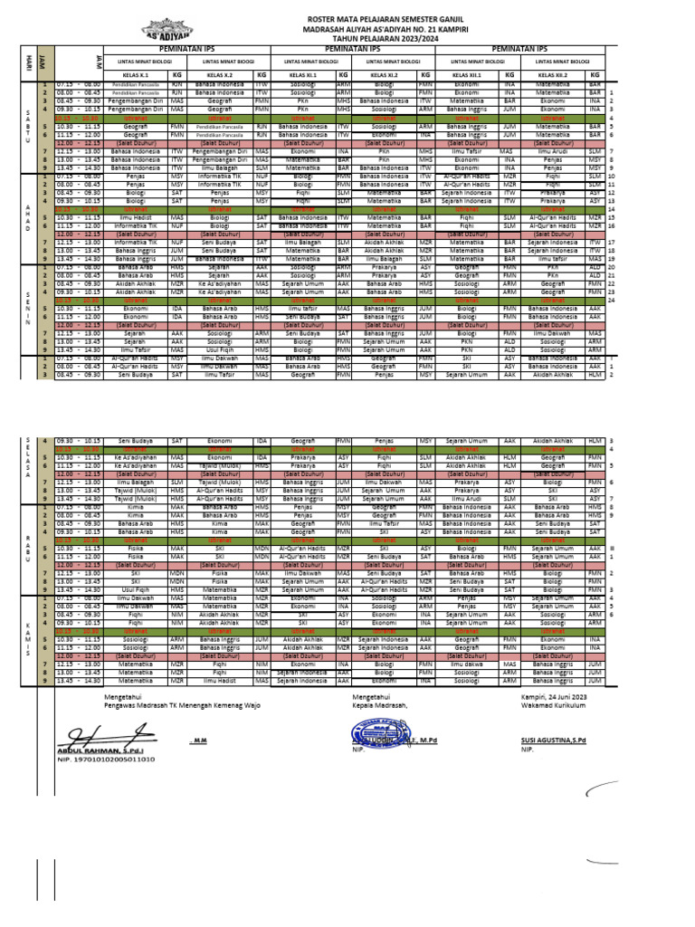 Roster Pelajaran Semester Ganjil Tahun 2023-2024 | PDF