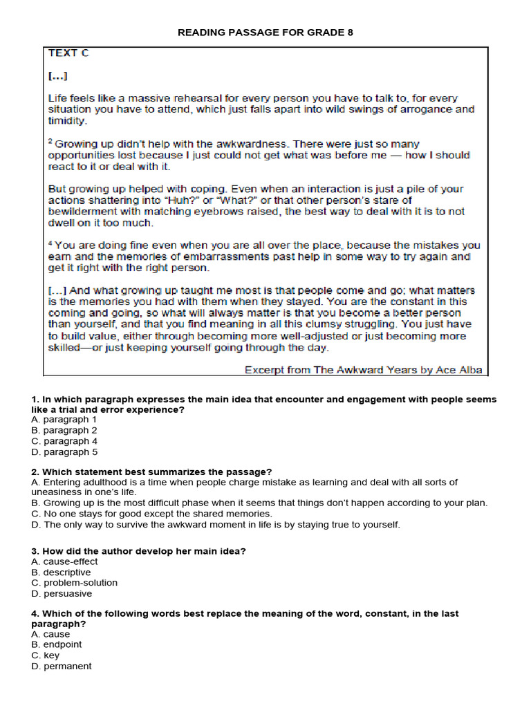 Grade 8 Reading Comprehension Passages | PDF