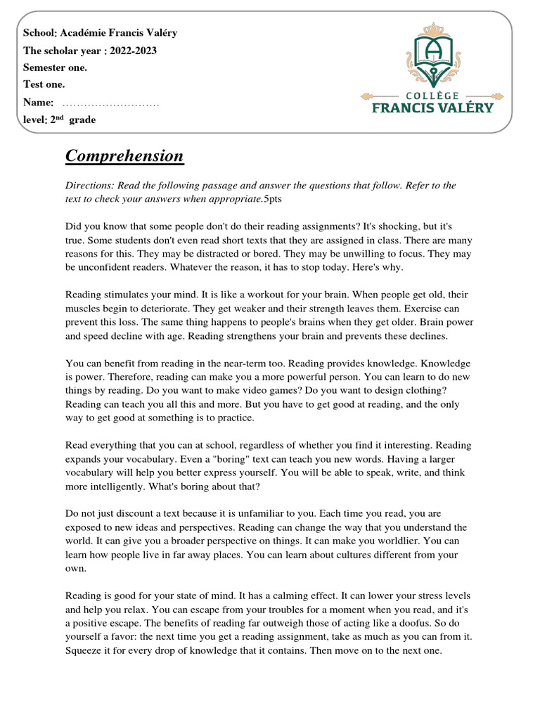 2nd Grade Test 2valery | PDF | Reading Comprehension | Cognition