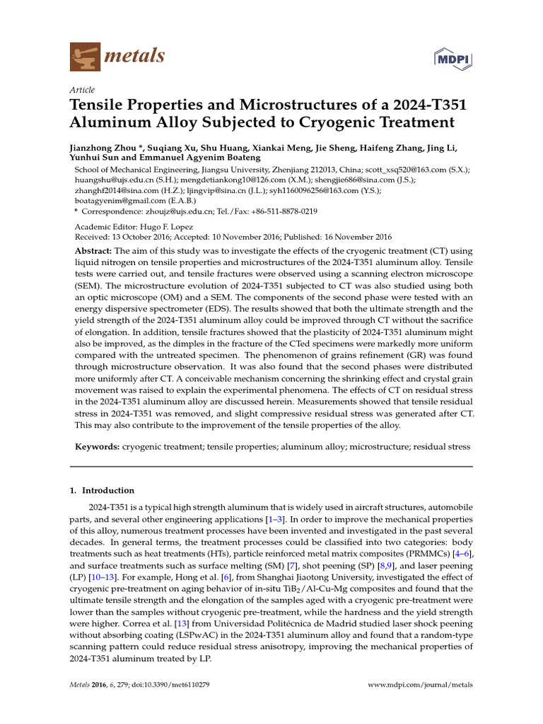 Metals Tensile Properties and Microstructures of A 2024T351 Aluminum