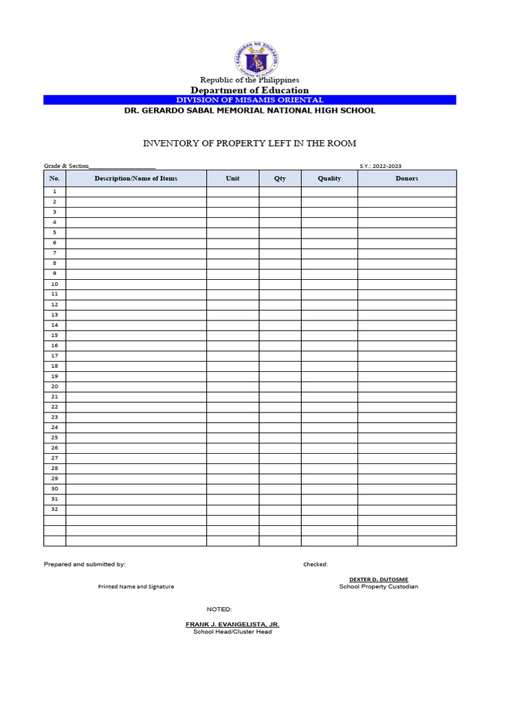 2022 2023 Classroom Inventory Form 1 PDF