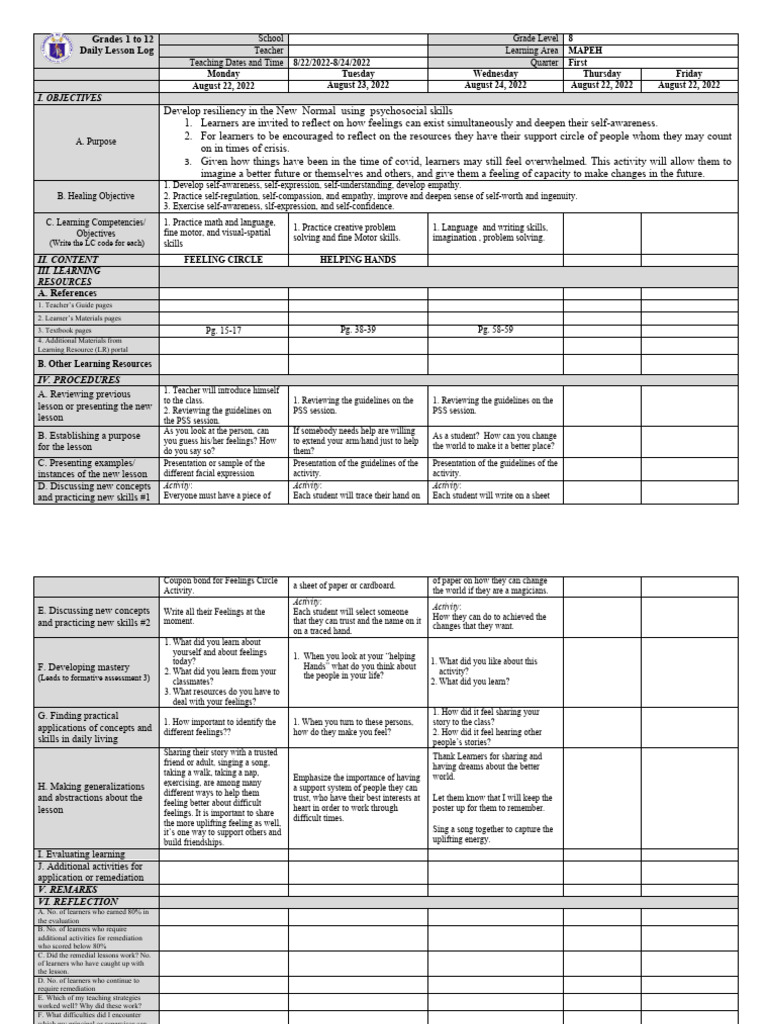 Dll Mapeh 8 1st Quarter Week 1 Aug 22 24 2022 Pdf Learning