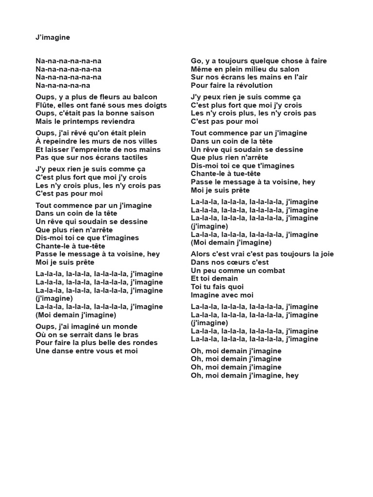 Paroles de "J'imagine" en français | PDF | Maison et jardin | Poésie