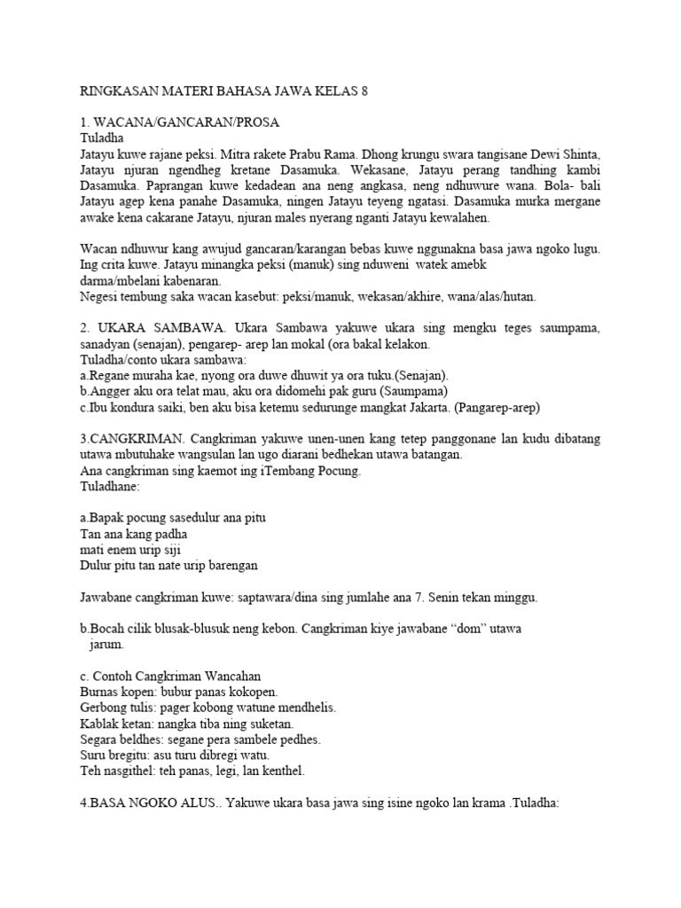 Ringkasan Materi Bahasa Jawa Kelas 8 | PDF