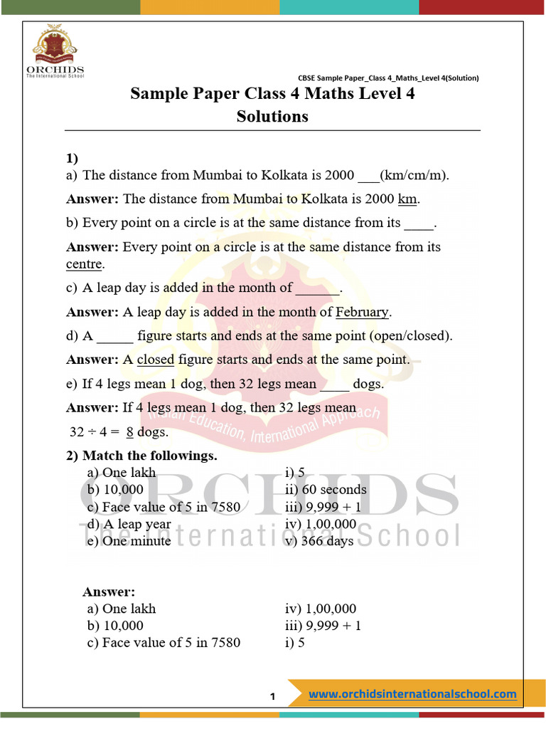 Class 4 Maths Sample Paper Solutions | PDF | Home & Garden | Art
