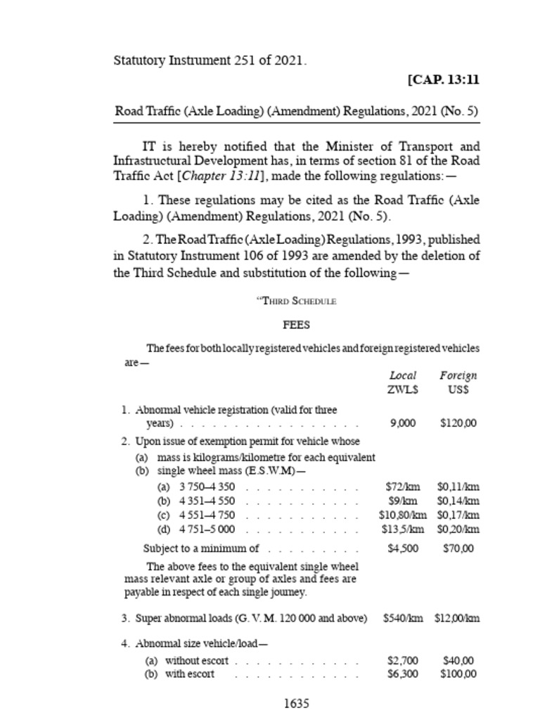 SI 2021251 Road Traffic (Axle Loading) (Amendment) Regulations, 2021
