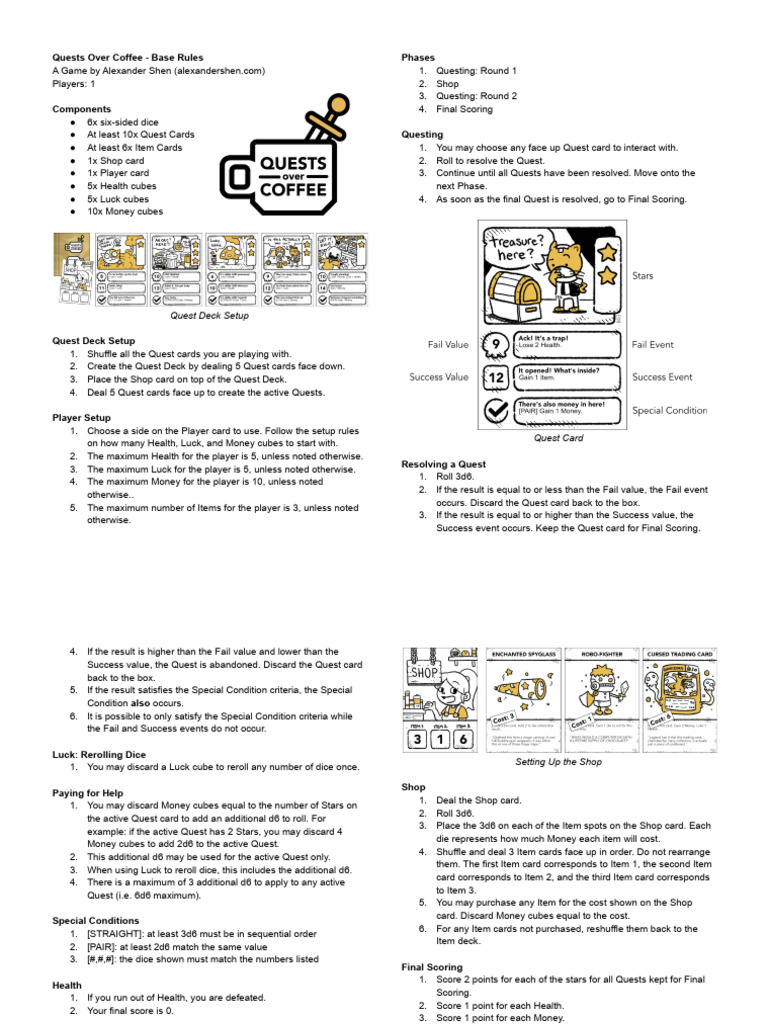 Quests Over Coffee Rules PDF Playing Cards Consumer Goods