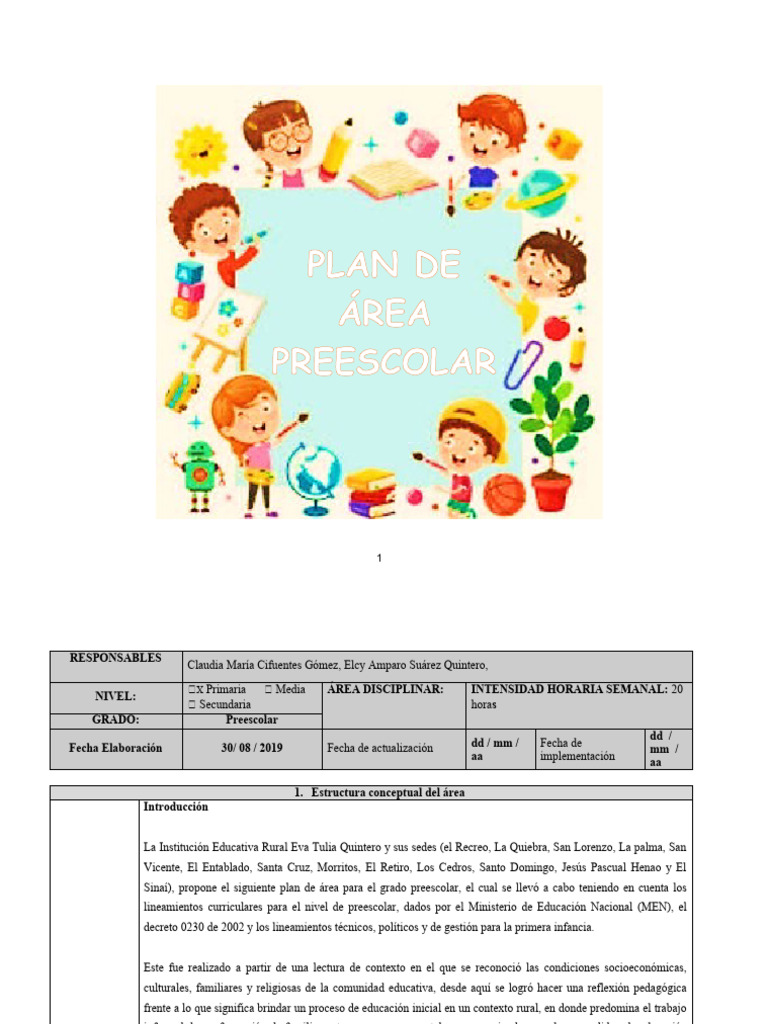 PREESCOLAR Plan de Area | PDF | Educación de la primera infancia ...