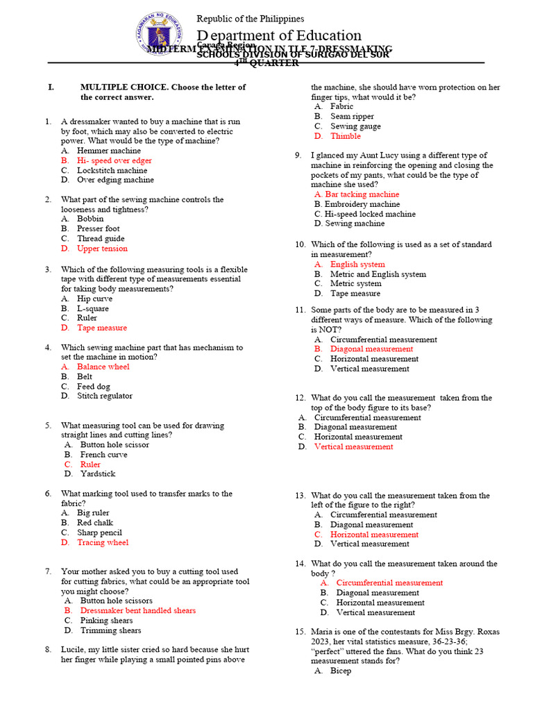 Tailoring Midterm Exam Questions | PDF | Sewing | Sewing Machine