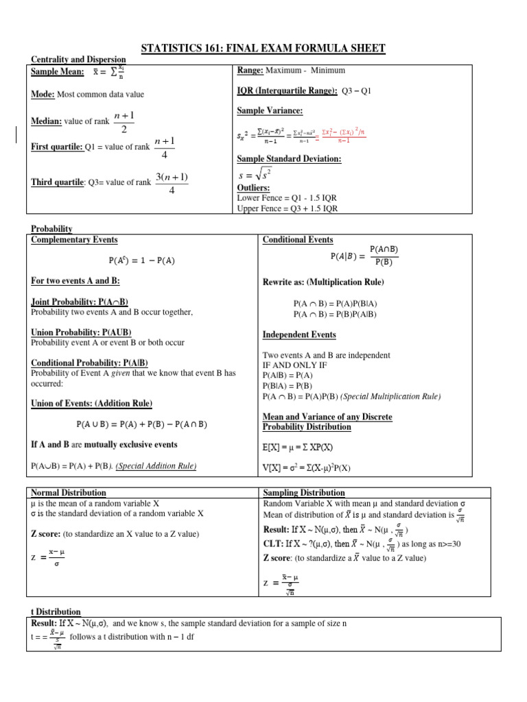 Introductory Statistics Formulas and Tables | Download Free PDF ...