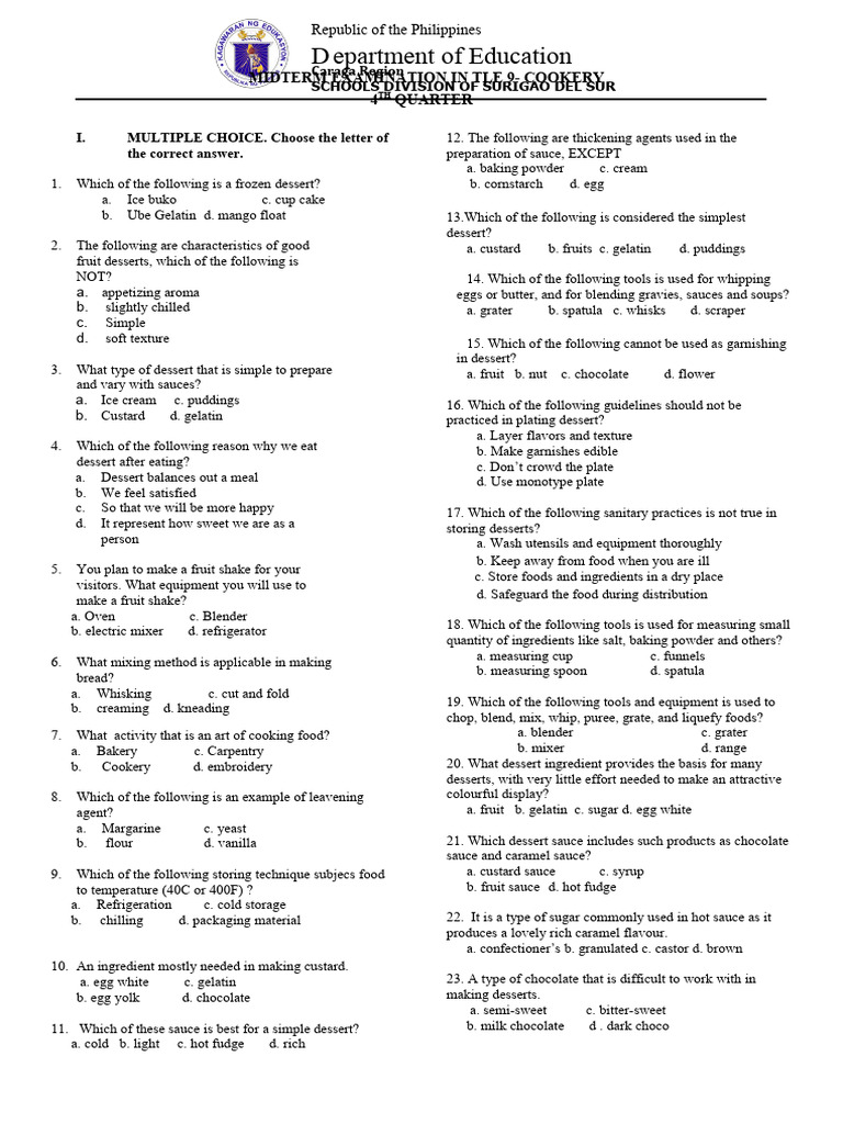 Midterm Exam In Tle 9 Cookery 4th Q Pdf Desserts Custard