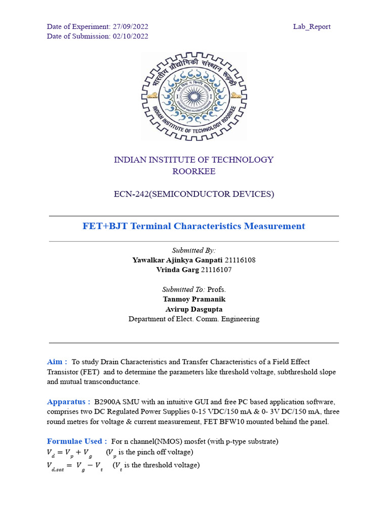 FET+BJT Terminal Characteristics Measurement (3) Lab Report ECN242 PDF Field Effect