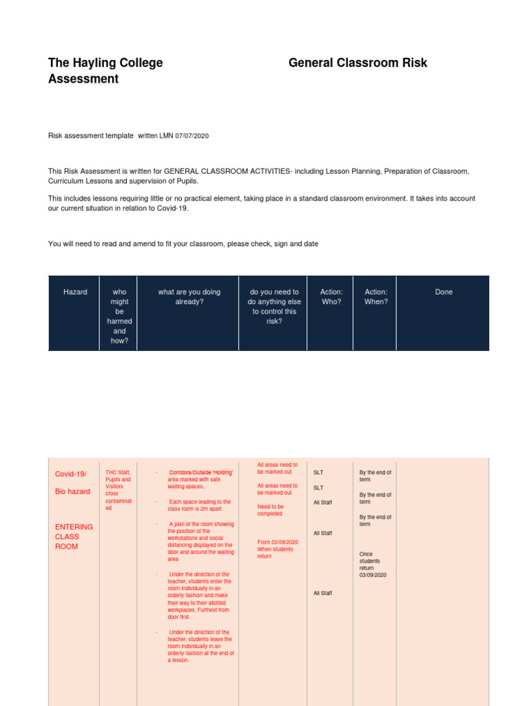 Classroom Risk Assessment Template | PDF | Classroom | Educational ...
