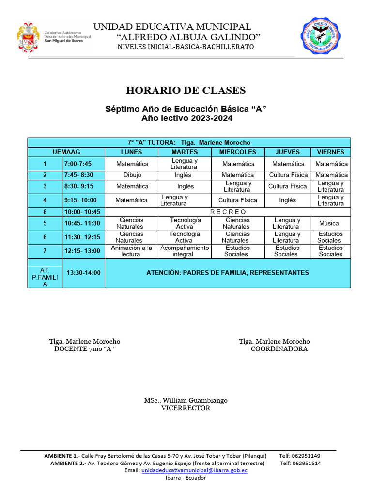 Horario 7° Básica "A" 2023-2024 | PDF | Estudios de idiomas extranjeros