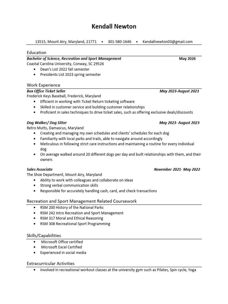 RSM Resume Updated Kendall Newton 2 PDF Sports Recreation