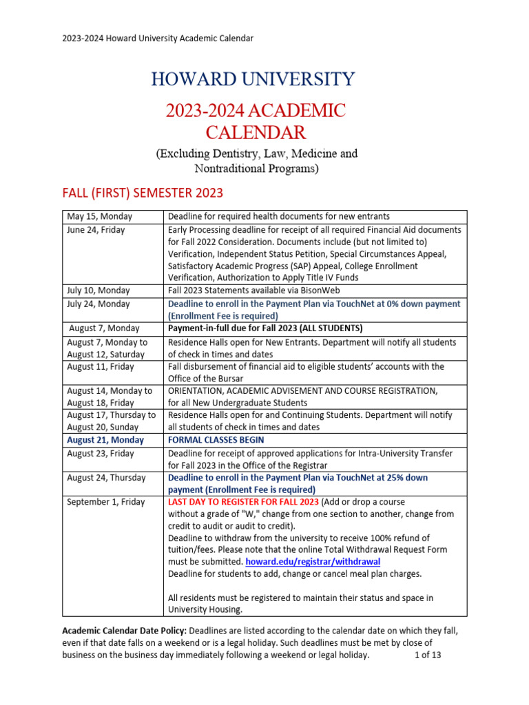 Howard University Academic Calendar 2023-24 | PDF | Academic Term ...
