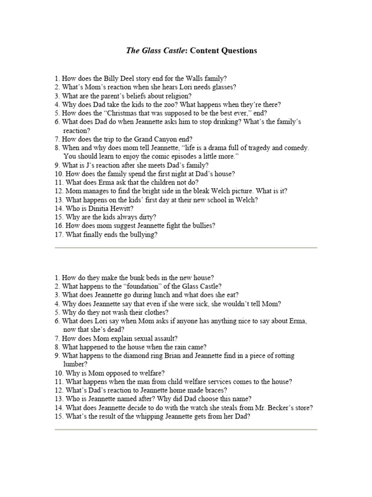 Glass Castle Content Questions PDF