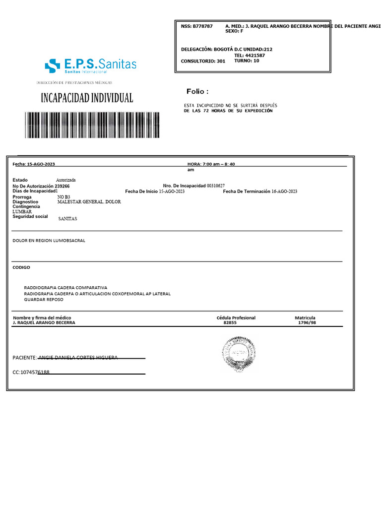 Excusa Medica Sanitas | PDF