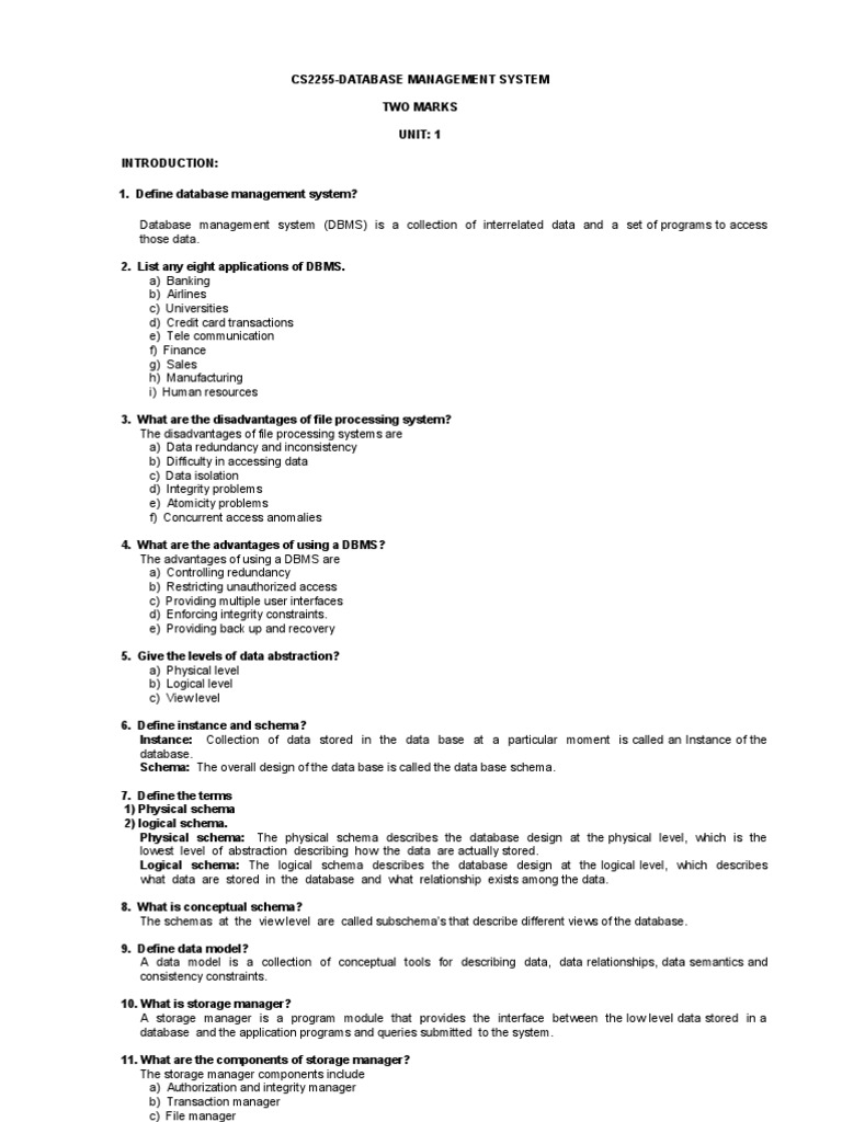 Doc Cs2255dbms2marks Database Index Relational Model