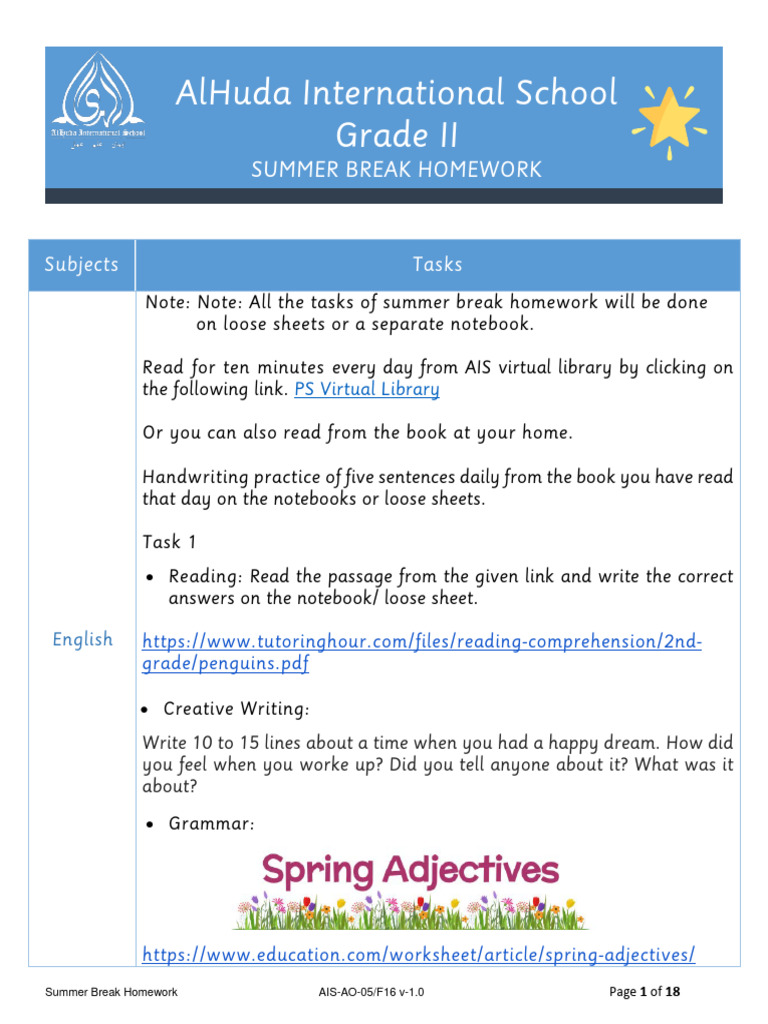 Grade 2 Summer Homework Assignments | PDF | Books | Reading Comprehension