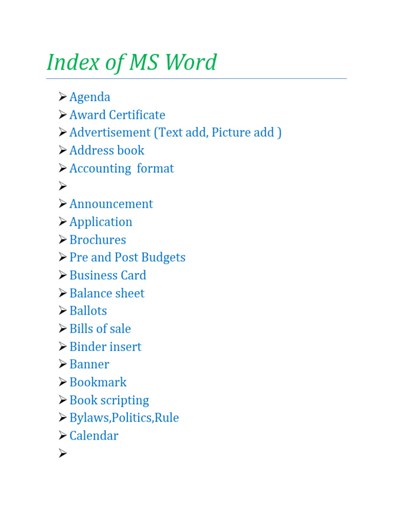 Index of MS Word | PDF
