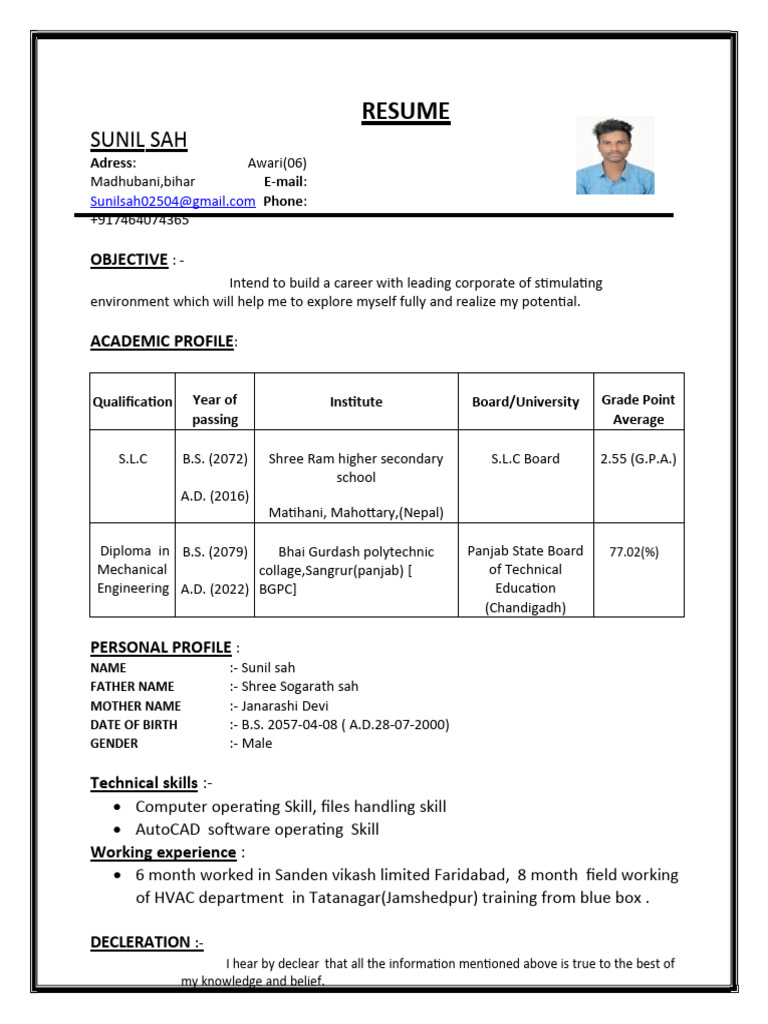 Sunil Sah Hvac Resume Bihar PDF