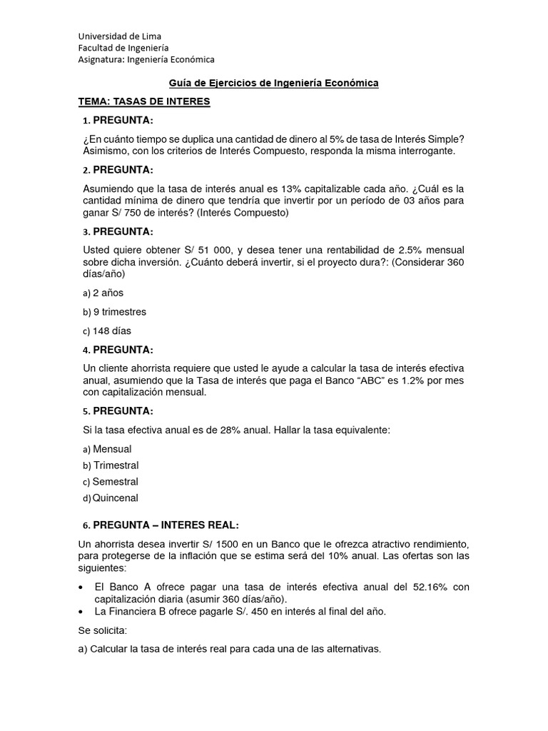 Guía de Ejercicios # 1 Tasas de Interes y Factores de Calculo | PDF ...