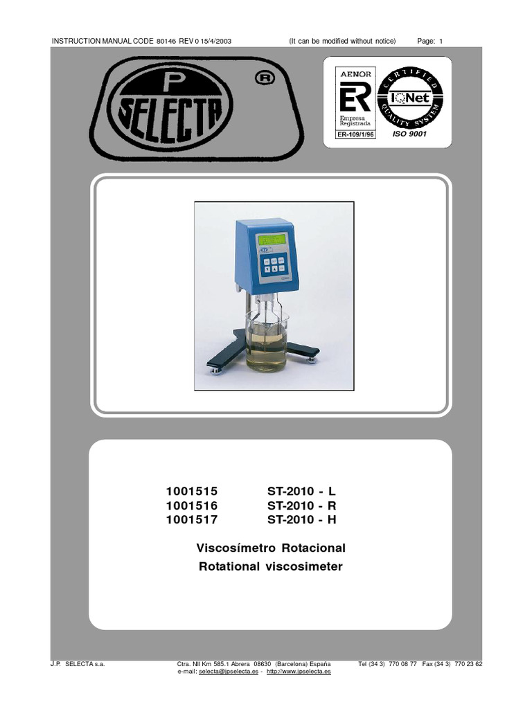 Rotational Viscosimeter JP Selecta | PDF | Metrología | Cantidades fisicas