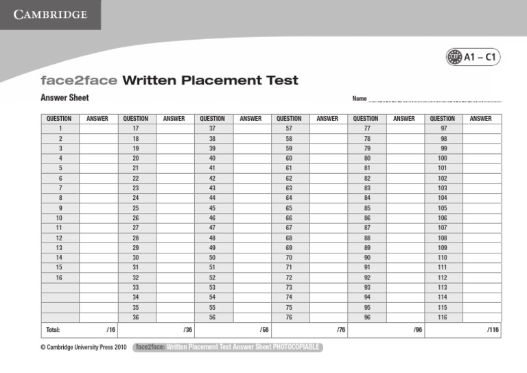 Face2Face Placement Test Answer Sheet | PDF