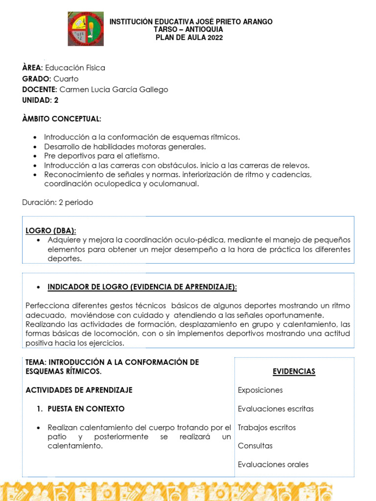 Plan de Aula CUARTO de Educacion Fisica | PDF | Ritmo | Salón de clases
