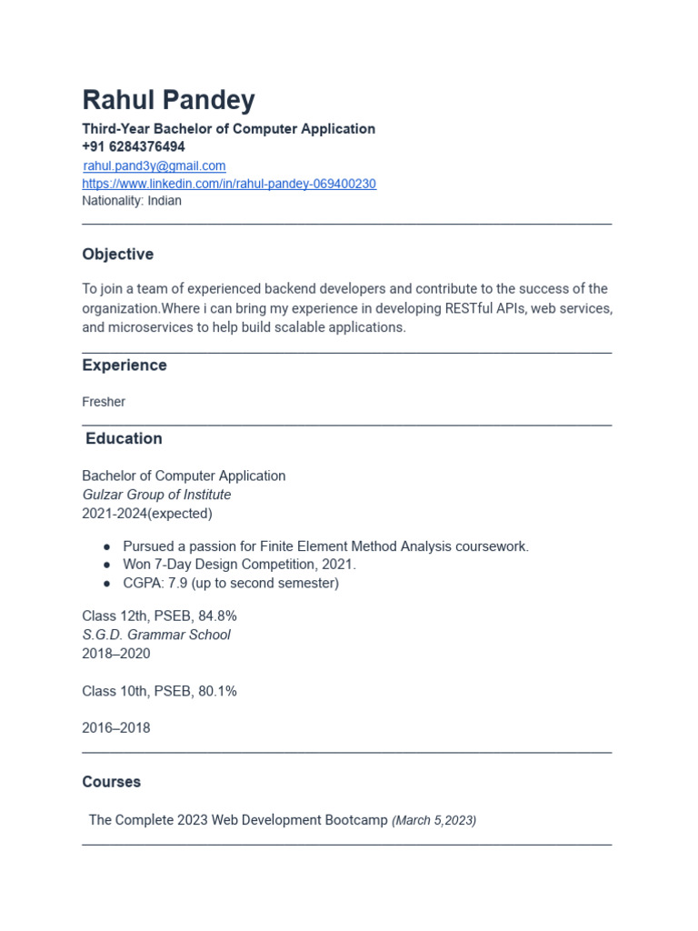 Rahul Pandey: BCA Student & Aspiring Backend Developer | PDF