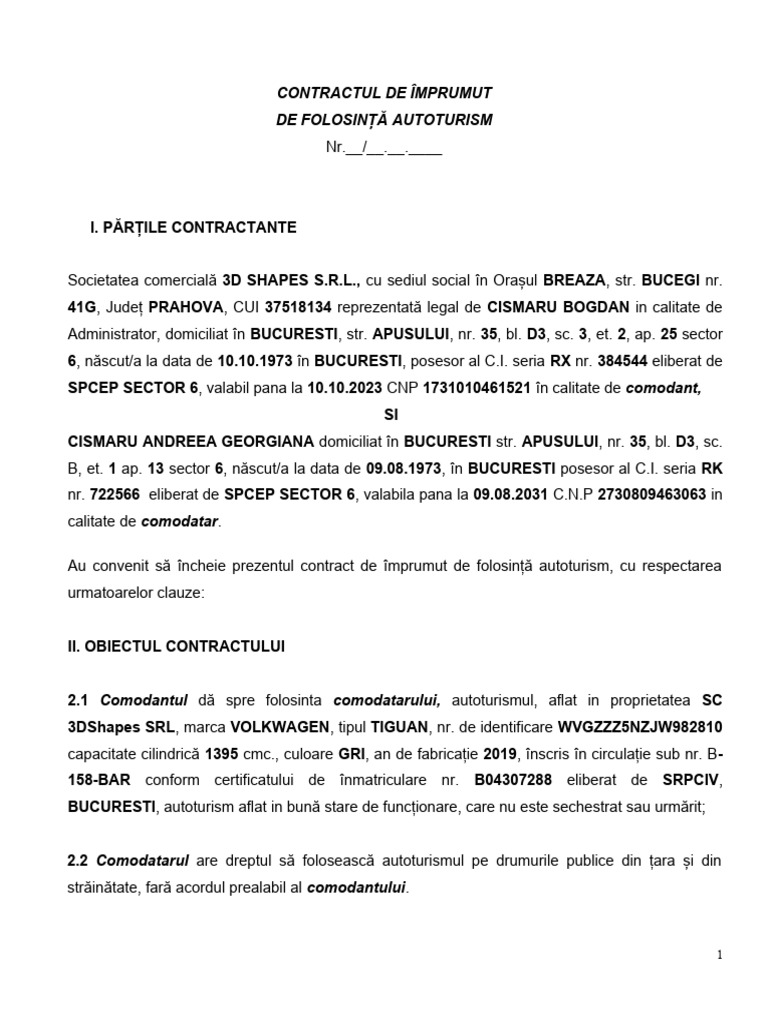 Contract Comodat Auto - 2022 | PDF