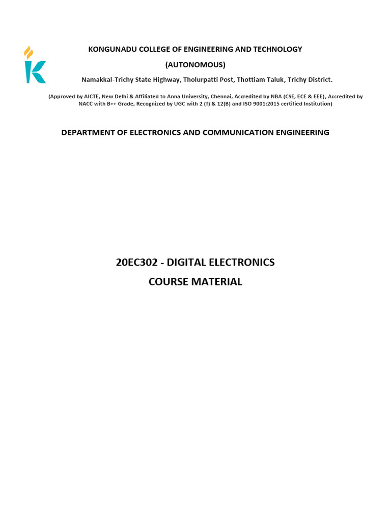 20EC302 DIGITAL ELECTRONICS COURSE MATERIAL PDF Electronic