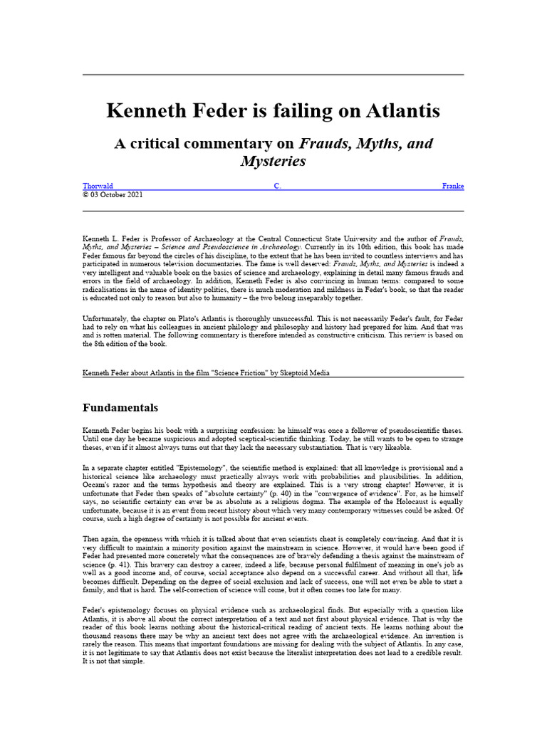 Kenneth Feder Is Failing On Atlantis | PDF | Atlantis | Plato