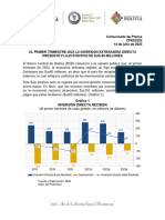 Al Primer Trimestre 2023 La Inversión Extranjera Directa Presentó Flujo Positivo de $us 60 Millones