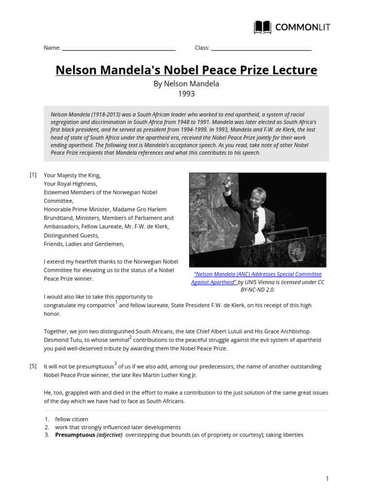 Nelson Mandela's Nobel Peace Prize LectureTeacher12 PDF Nelson