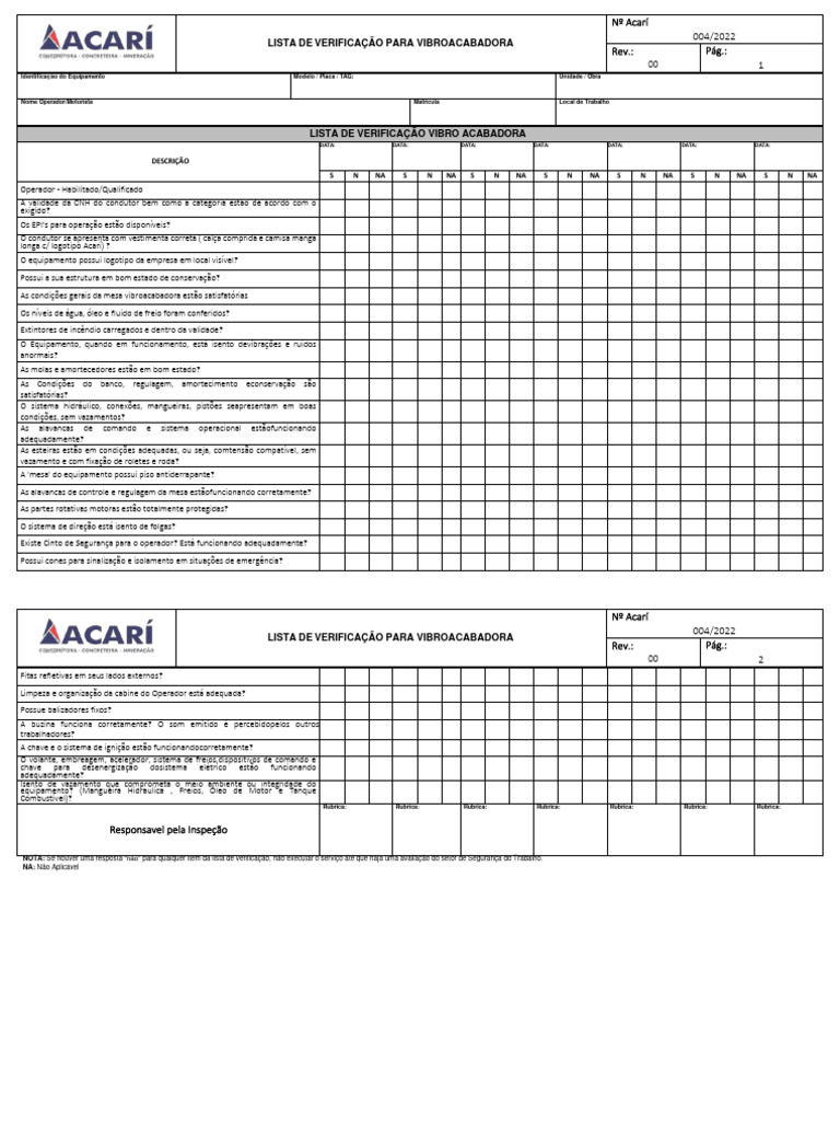 Check-List Vibroacabadora | PDF | Freio