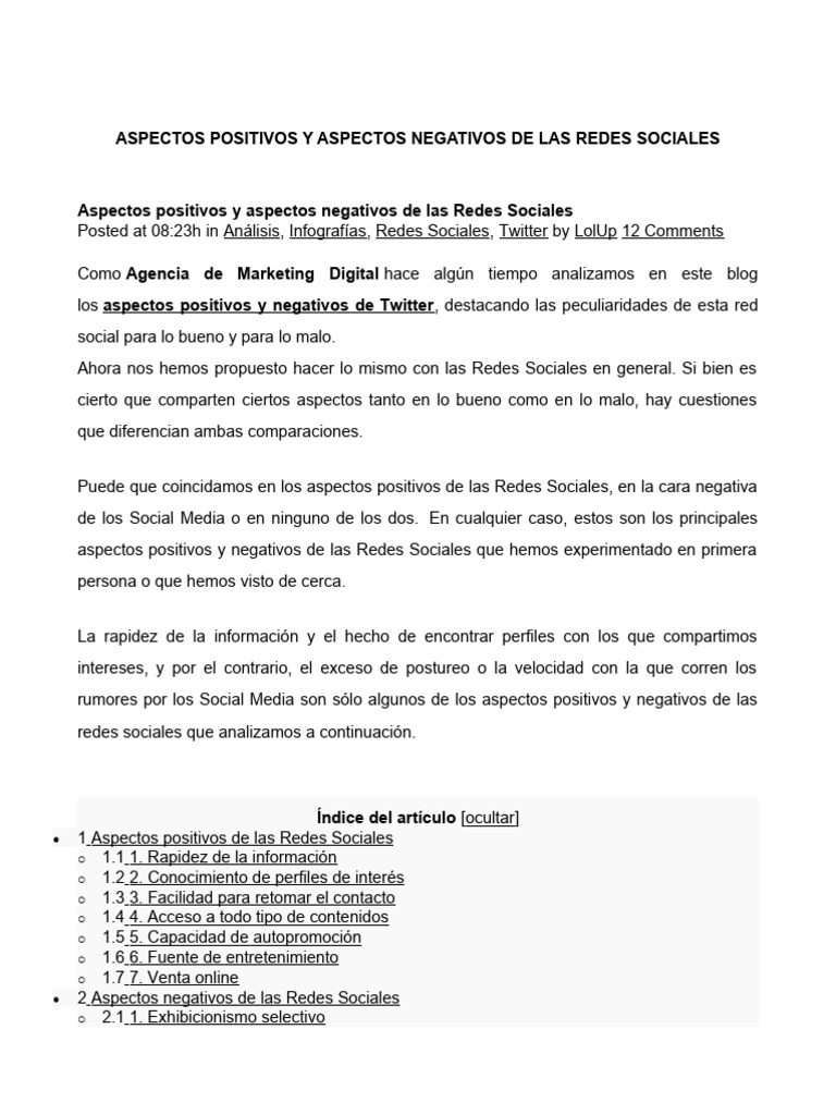 Aspectos Positivos y Aspectos Negativos de Las Redes Sociales | PDF ...